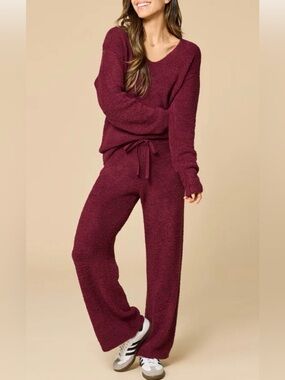 Softies Marshmallow Cozy Wide-Leg Sweater and Pants Set in Burgundy XS